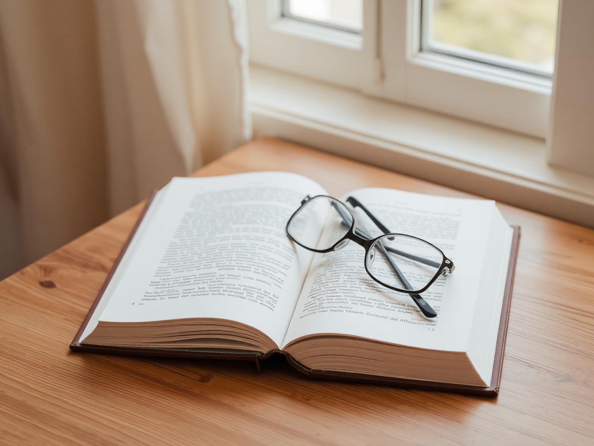Livre ouvert avec une paire de lunettes posée à côté