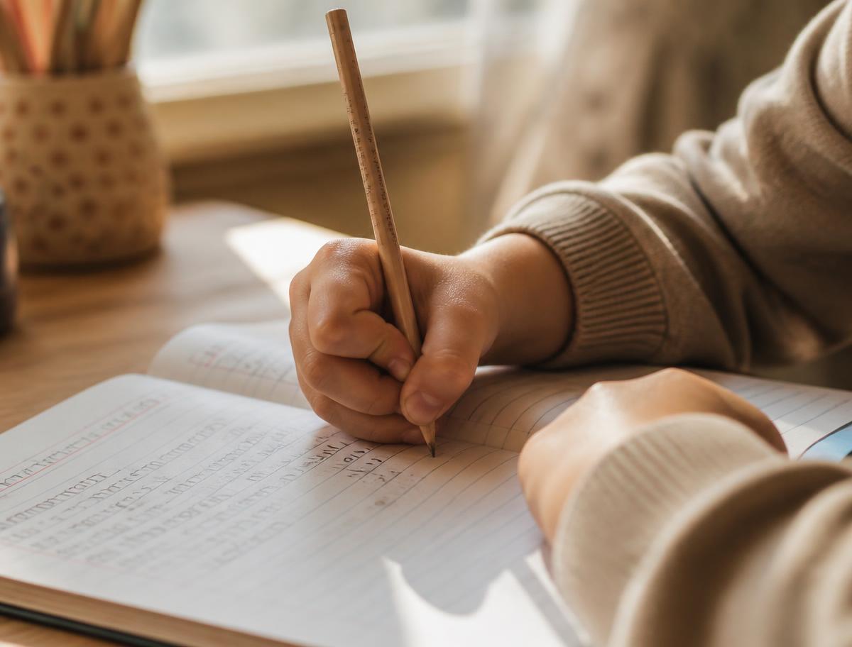 Main d'un enfant écrivant au crayon dans un cahier, lumière naturelle