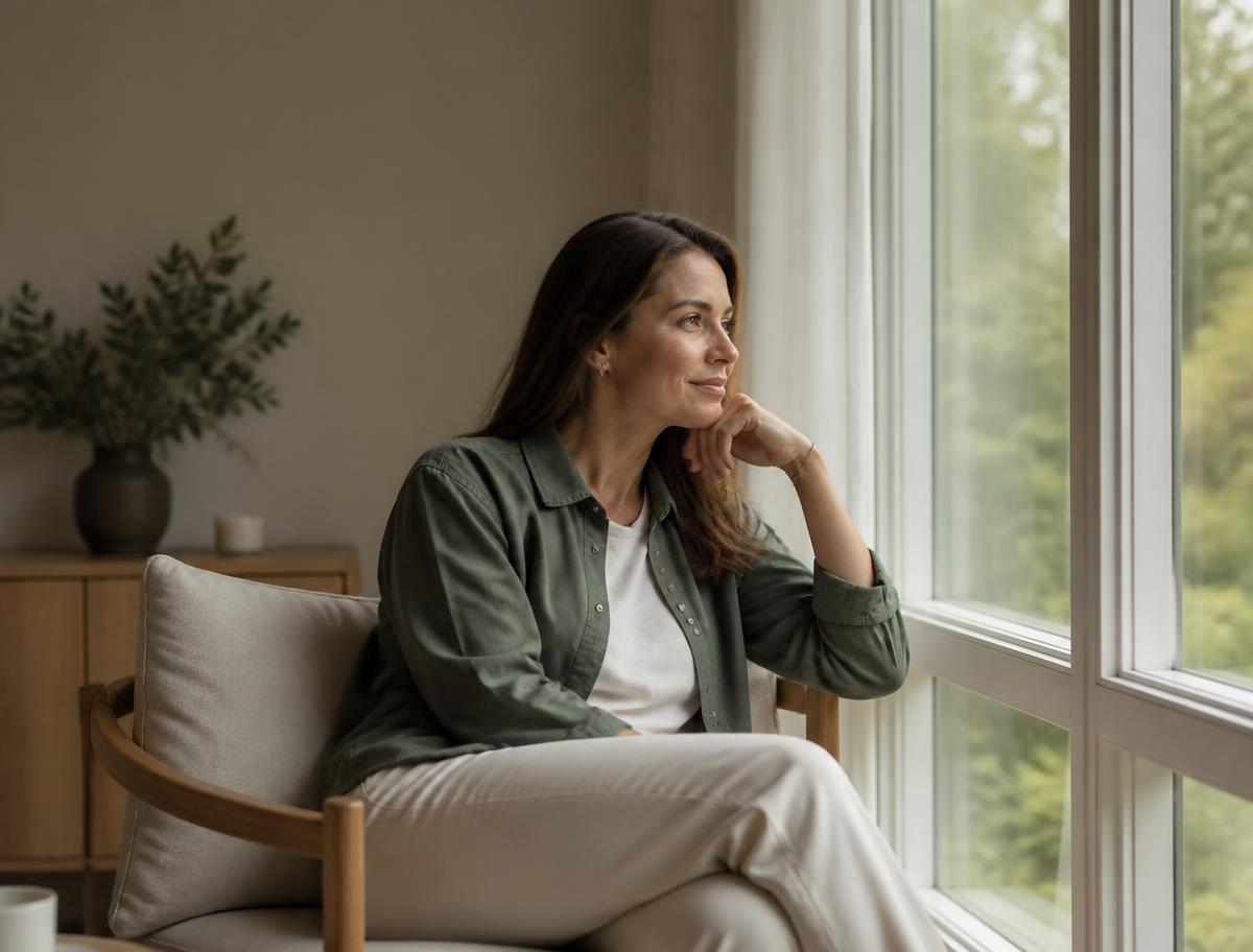 Adulte assise près d'une fenêtre dans une lumière douce, en réflexion