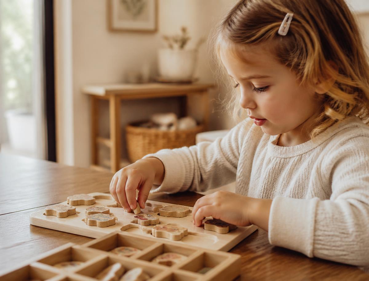Enfant concentré sur un jeu éducatif en bois posé sur une table